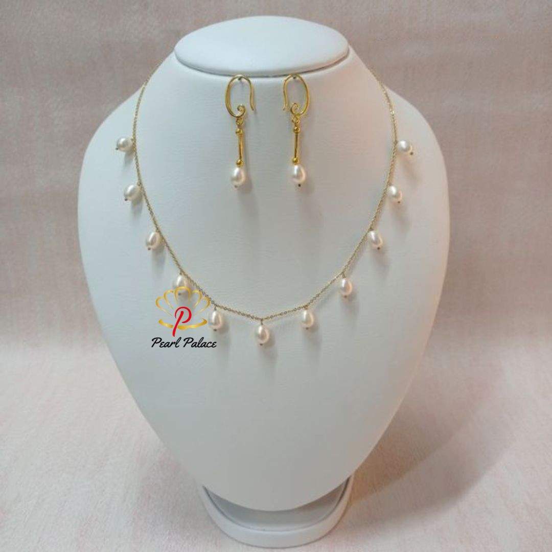 18K Gold Plated Handmade White Pearl Chain Link Necklace with Earrings