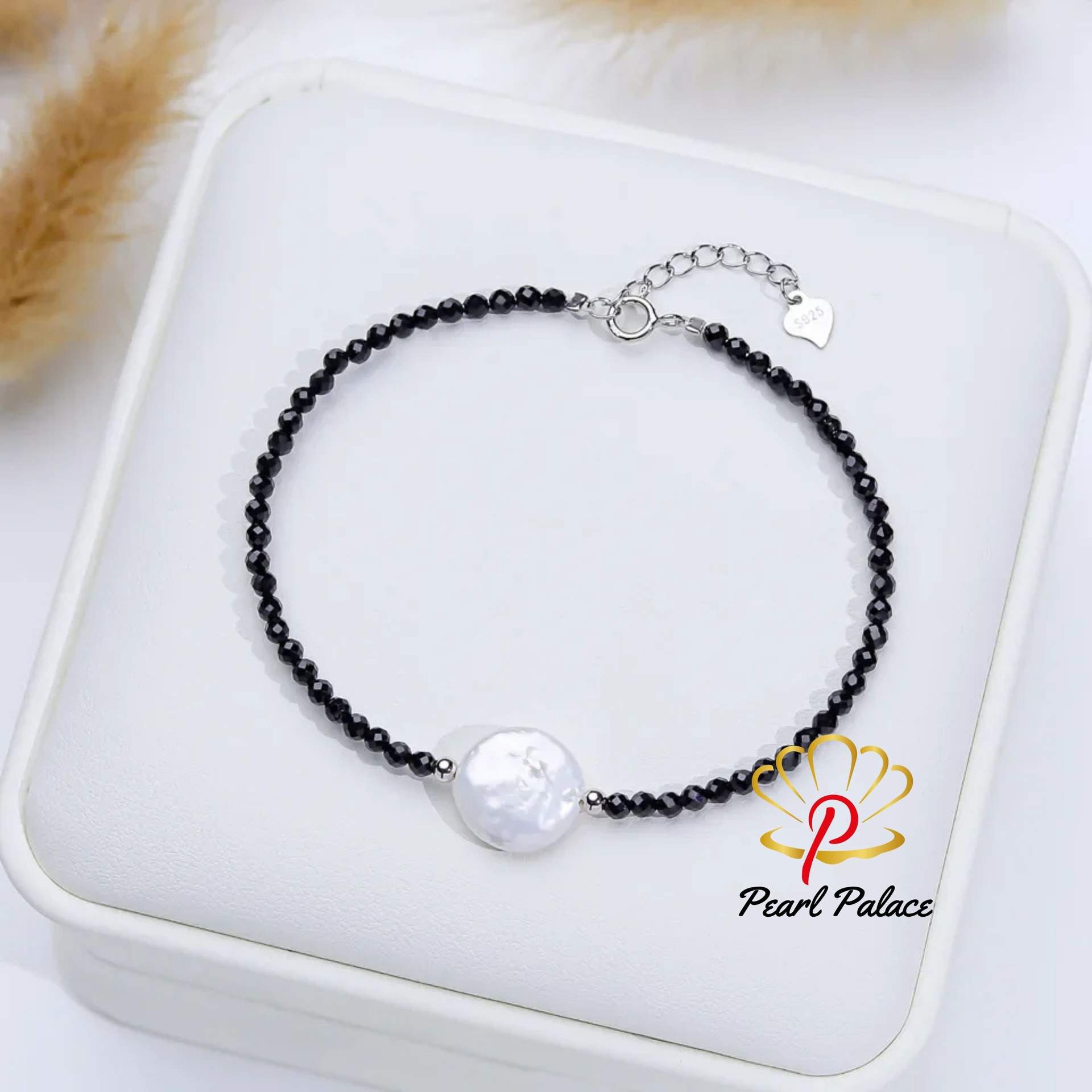 Big Baroque Freshwater Pearl Bracelet for Women Black Crystal Stone 16cm 925 Sterling Silver Bracelet